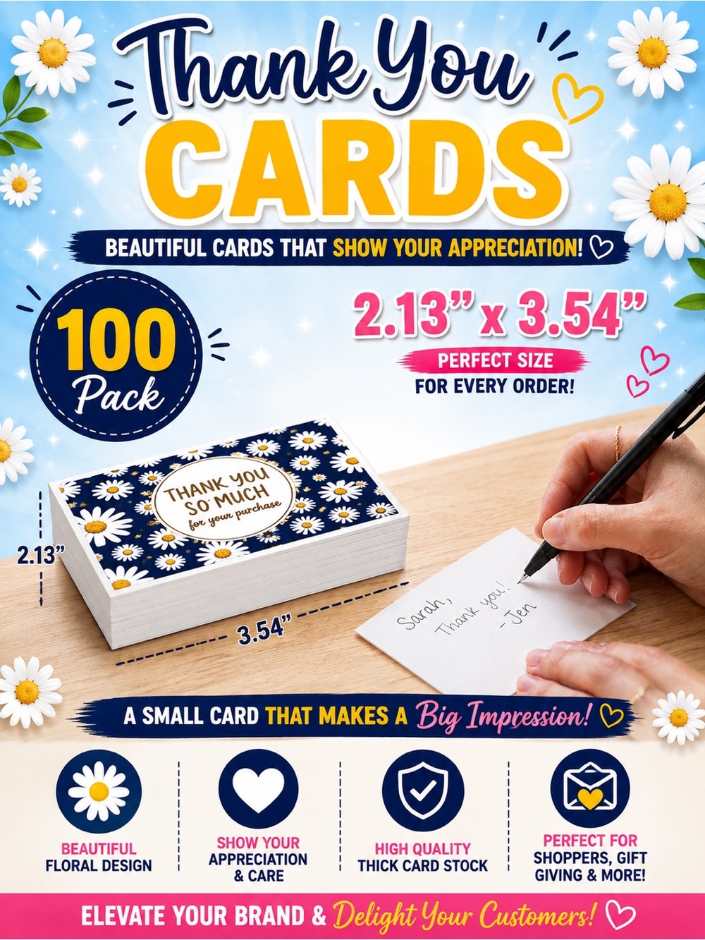 100 Pack Daisy Thank You Cards - Custom Made